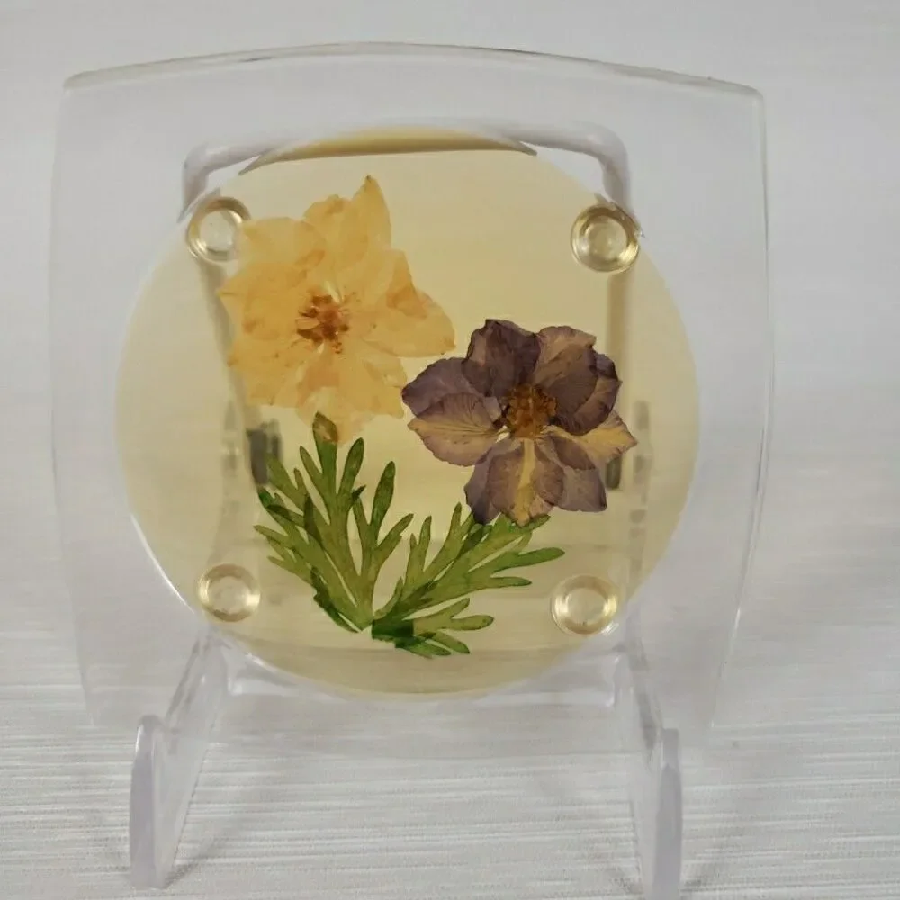 VTG 5 Clear Lucite Acrylic Coasters Pressed Flowers Clover Romantic Cottage MCM